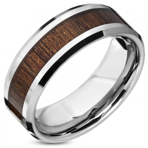 Inel lat din tungsten cu dunga maro din lemn [0]